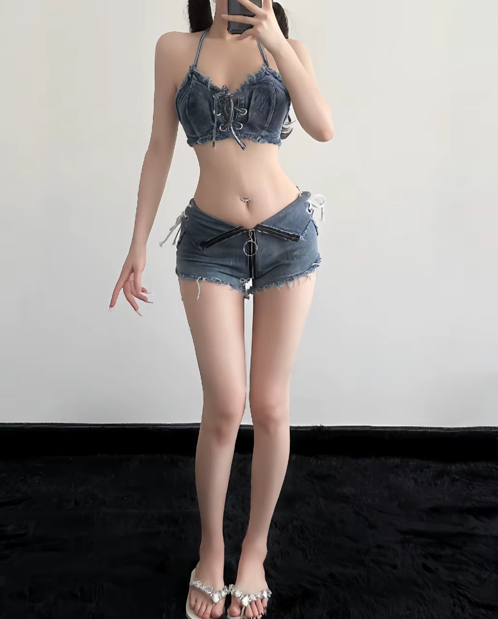 Casual Hollow Stripe Skinny Bra And Low Waist Shorts Non Stretch 2 Piece Set