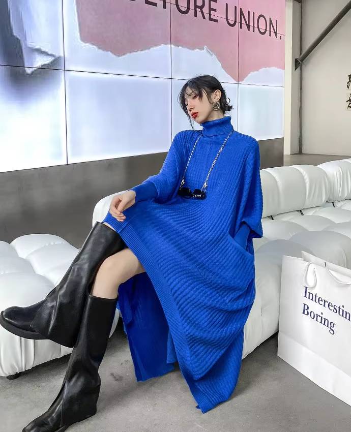 Casual Irregular Style Turtleneck Loose Sweater Dress
