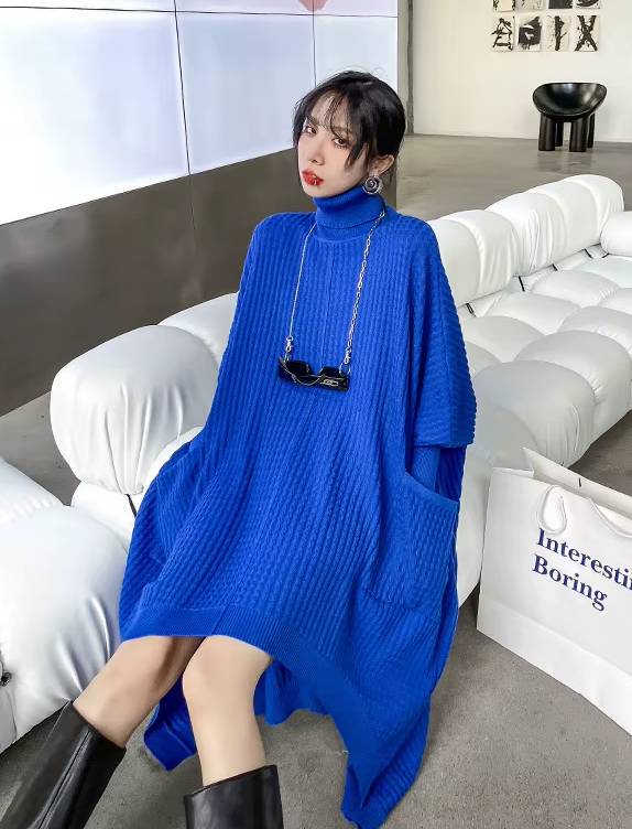 Casual Irregular Style Turtleneck Loose Sweater Dress
