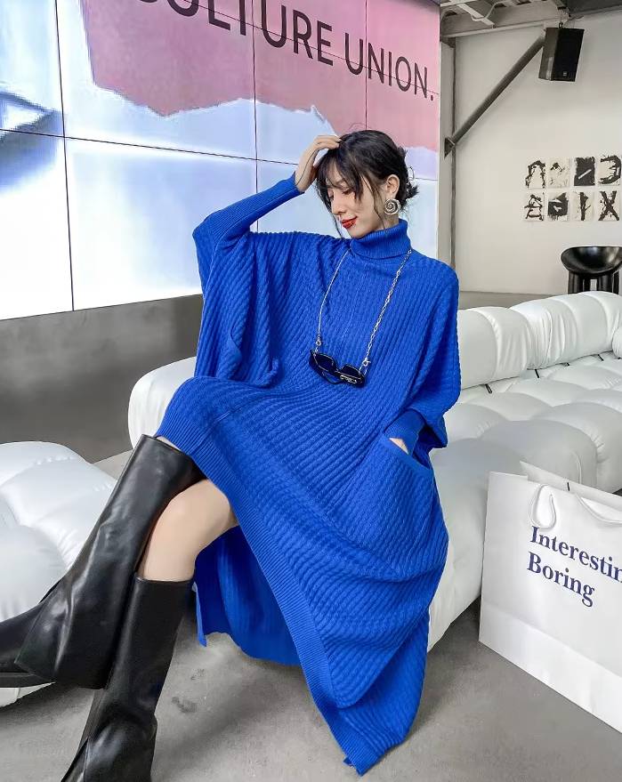 Casual Irregular Style Turtleneck Loose Sweater Dress