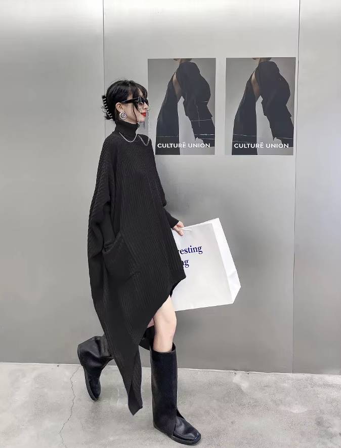 Casual Irregular Style Turtleneck Loose Sweater Dress