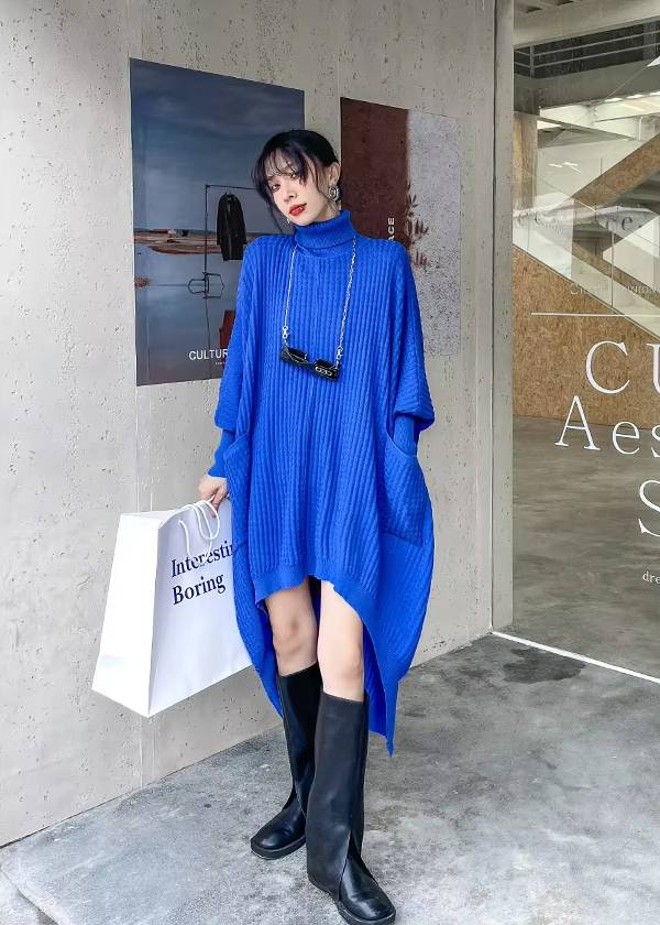 Casual Irregular Style Turtleneck Loose Sweater Dress