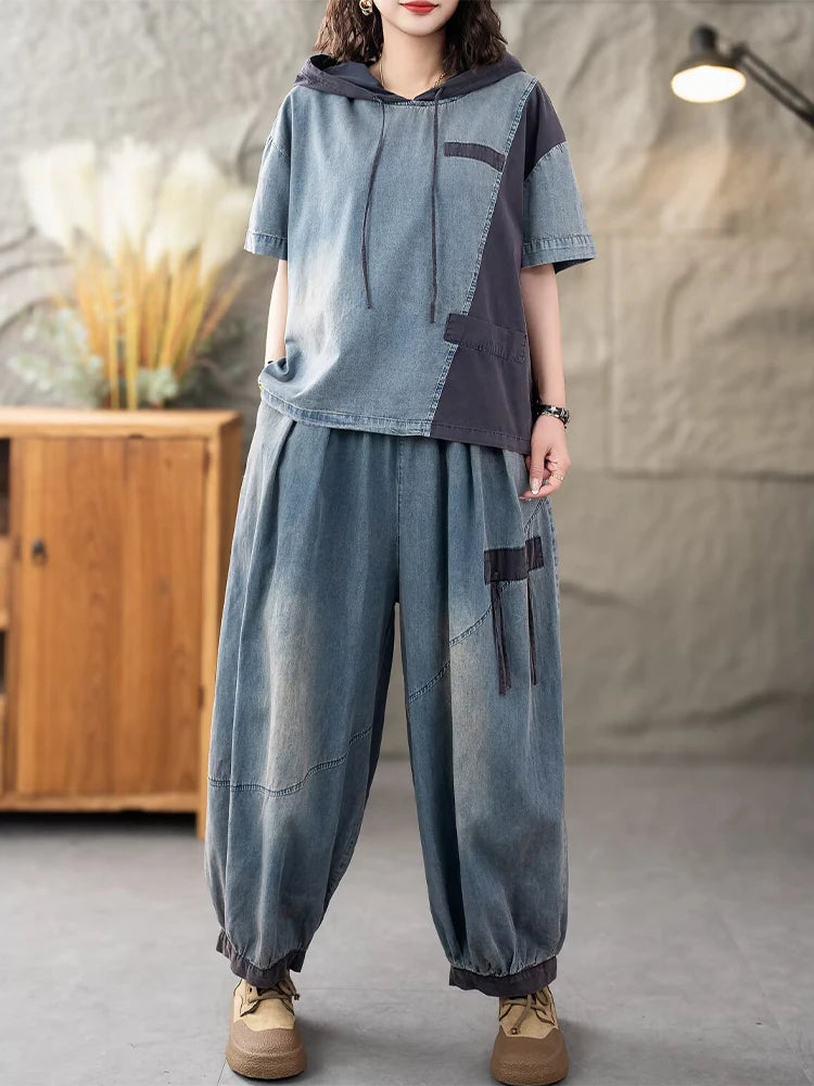 Casual Classic Jeans Pants Loose Hooded Tops Vintage Denim Fitness Suits 2 Pieces Sets