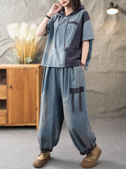 Casual Classic Jeans Pants Loose Hooded Tops Vintage Denim Fitness Suits 2 Pieces Sets
