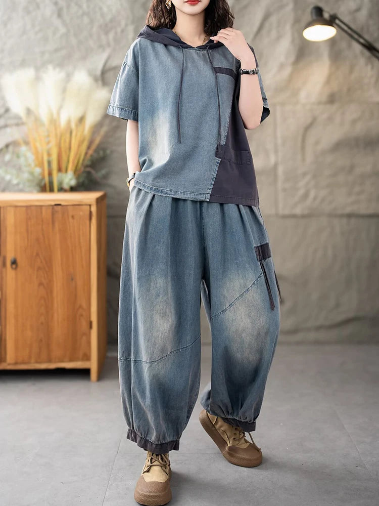 Casual Classic Jeans Pants Loose Hooded Tops Vintage Denim Fitness Suits 2 Pieces Sets