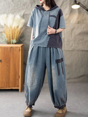 Casual Classic Jeans Pants Loose Hooded Tops Vintage Denim Fitness Suits 2 Pieces Sets