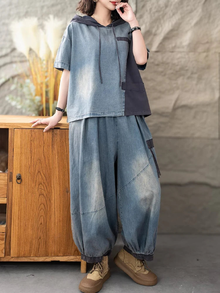 Casual Classic Jeans Pants Loose Hooded Tops Vintage Denim Fitness Suits 2 Pieces Sets