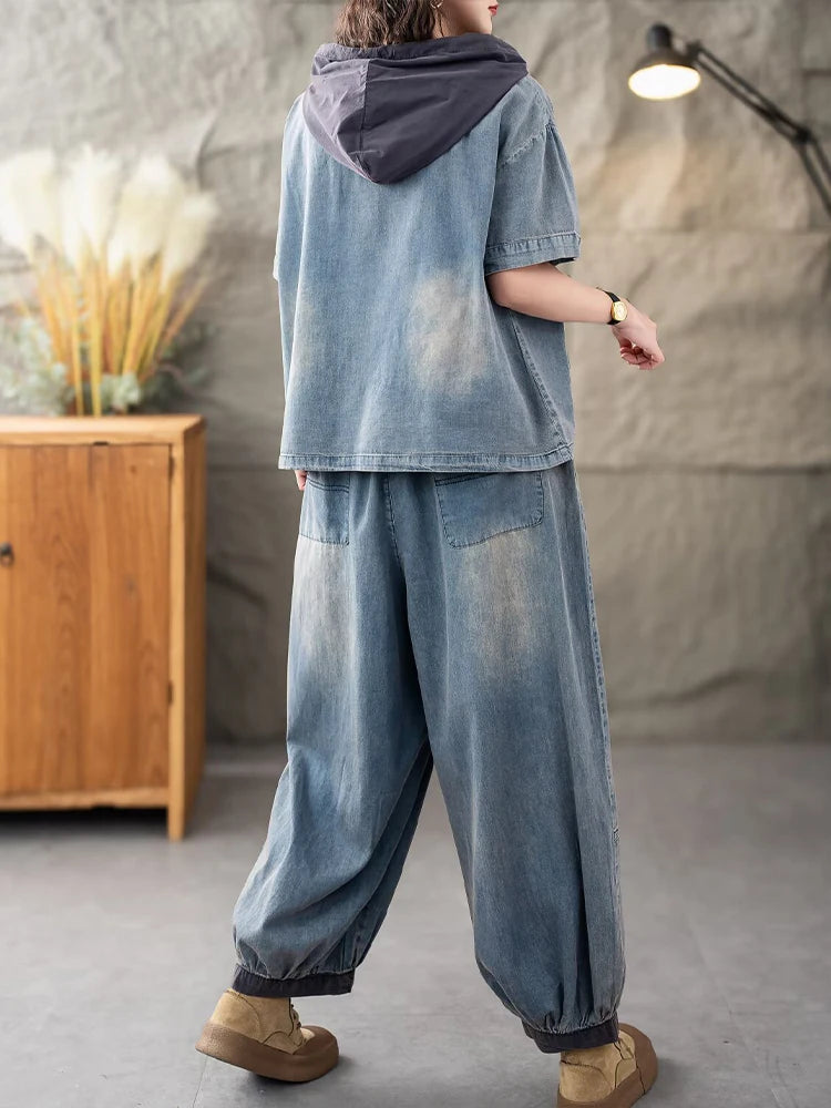 Casual Classic Jeans Pants Loose Hooded Tops Vintage Denim Fitness Suits 2 Pieces Sets