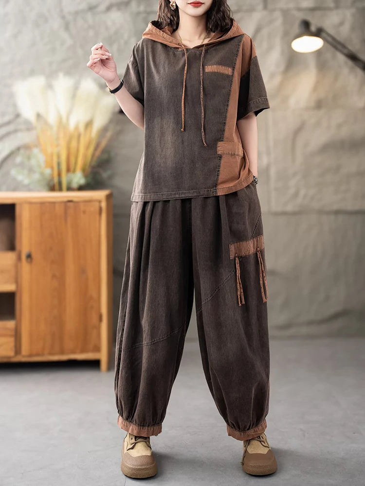 Casual Classic Jeans Pants Loose Hooded Tops Vintage Denim Fitness Suits 2 Pieces Sets
