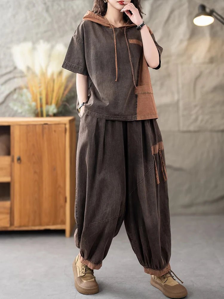 Casual Classic Jeans Pants Loose Hooded Tops Vintage Denim Fitness Suits 2 Pieces Sets