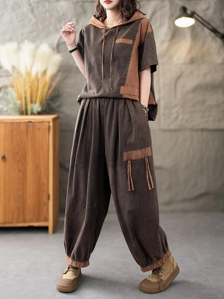 Casual Classic Jeans Pants Loose Hooded Tops Vintage Denim Fitness Suits 2 Pieces Sets