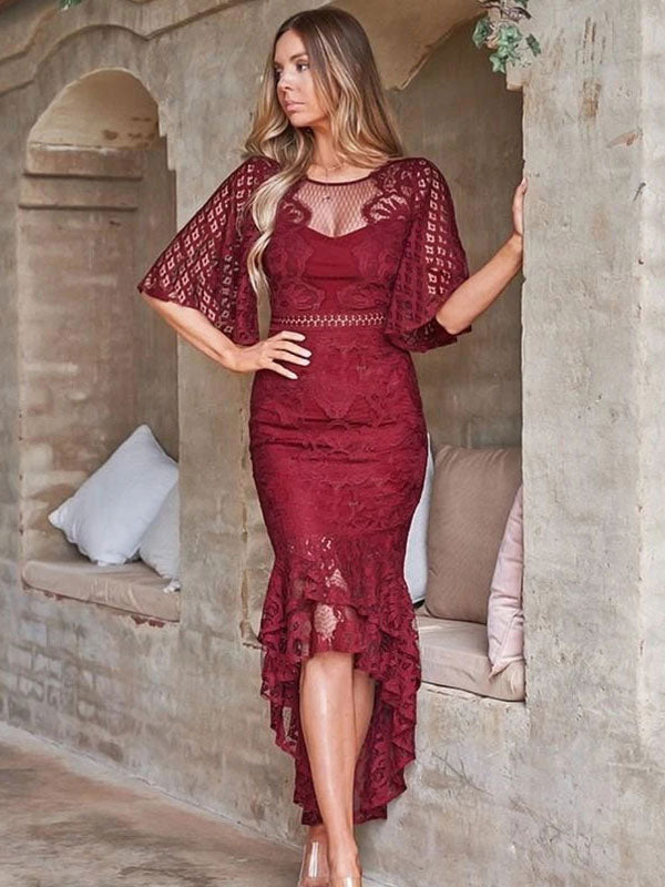 Casual Jewel Neck Half Sleeves Long Lace Dresses