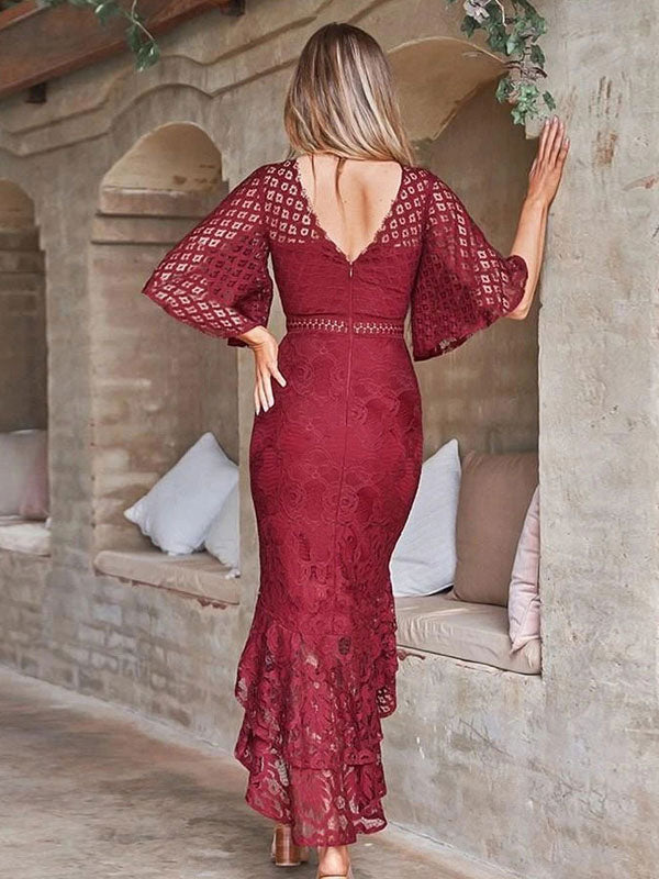 Casual Jewel Neck Half Sleeves Long Lace Dresses