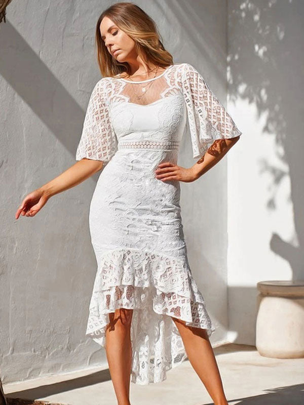 Casual Jewel Neck Half Sleeves Long Lace Dresses