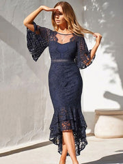 Casual Jewel Neck Half Sleeves Long Lace Dresses