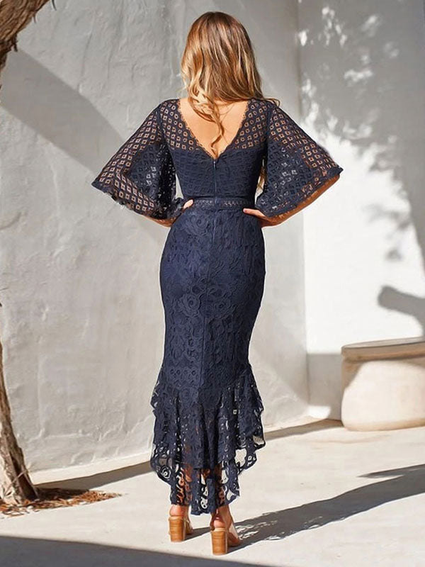 Casual Jewel Neck Half Sleeves Long Lace Dresses