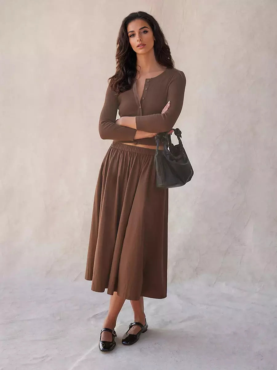 Casual Jewel Neck Long Sleeve Crop Top And Long Skirt Two Piece Set