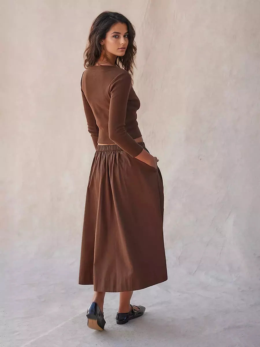 Casual Jewel Neck Long Sleeve Crop Top And Long Skirt Two Piece Set