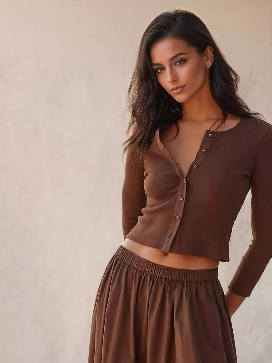 Casual Jewel Neck Long Sleeve Crop Top And Long Skirt Two Piece Set