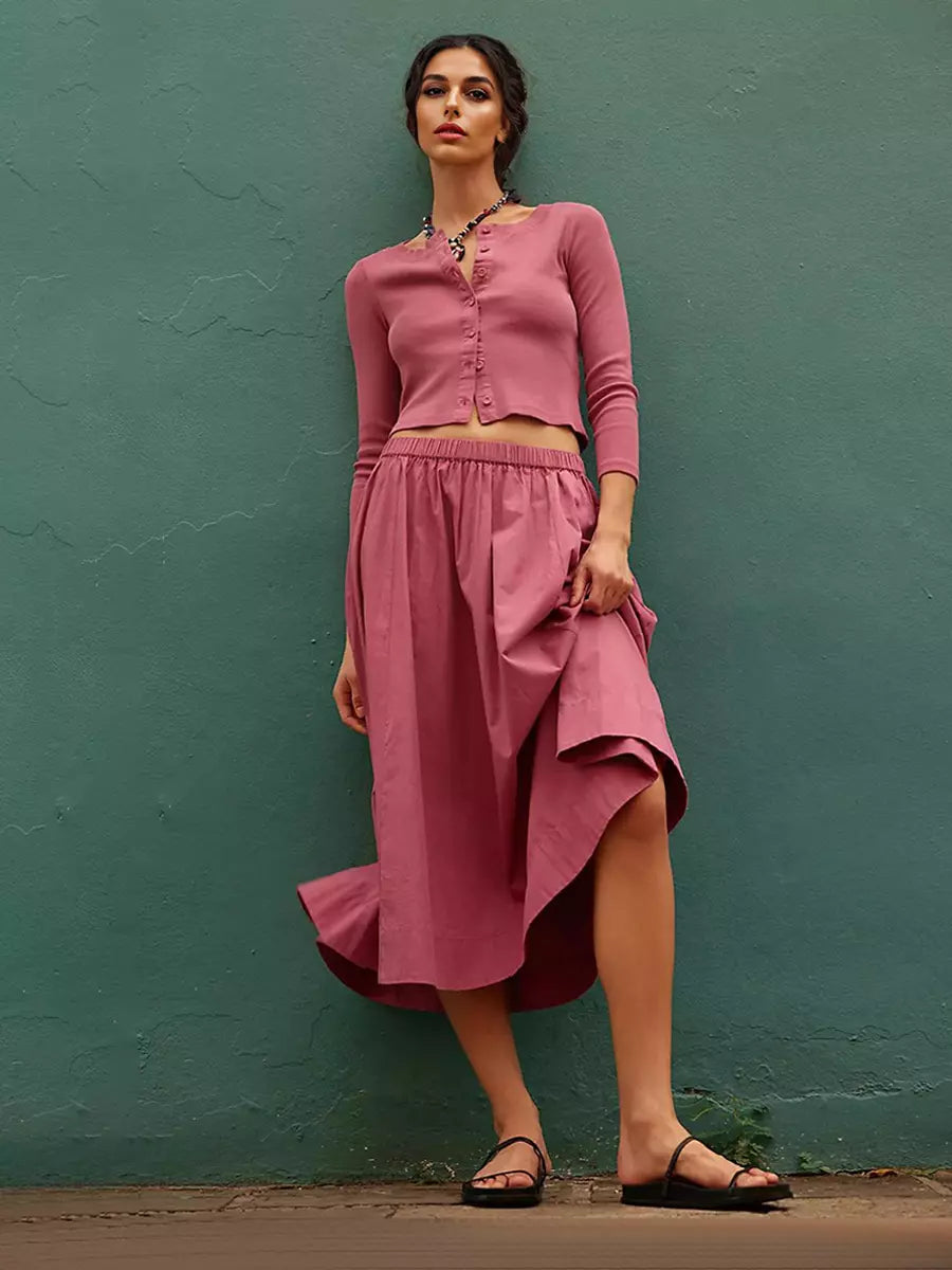 Casual Jewel Neck Long Sleeve Crop Top And Long Skirt Two Piece Set