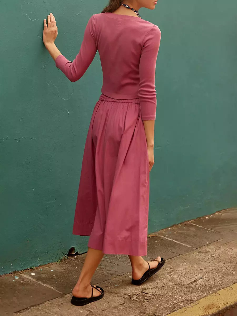 Casual Jewel Neck Long Sleeve Crop Top And Long Skirt Two Piece Set