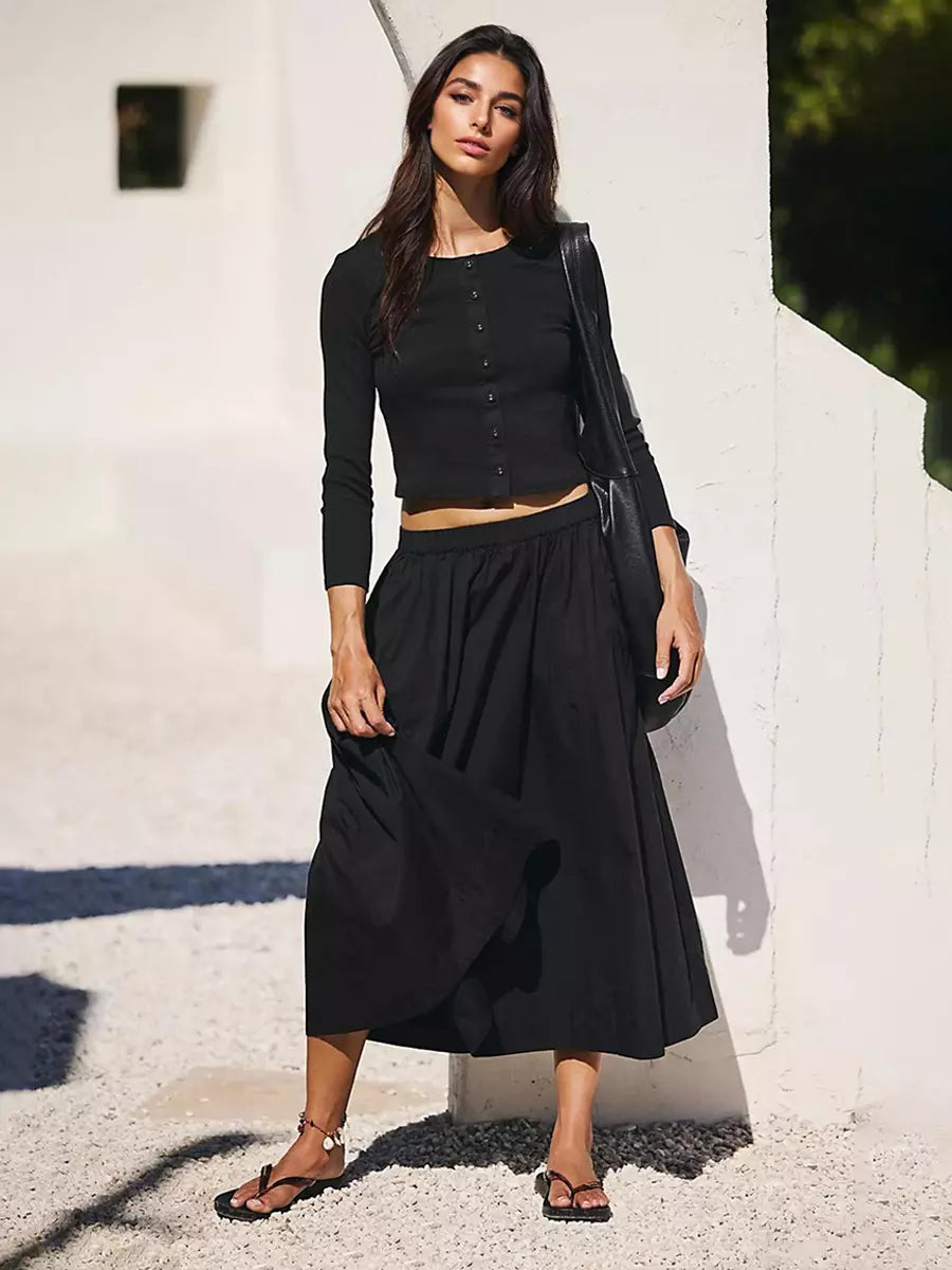 Casual Jewel Neck Long Sleeve Crop Top And Long Skirt Two Piece Set