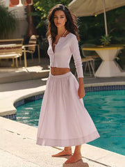 Casual Jewel Neck Long Sleeve Crop Top And Long Skirt Two Piece Set