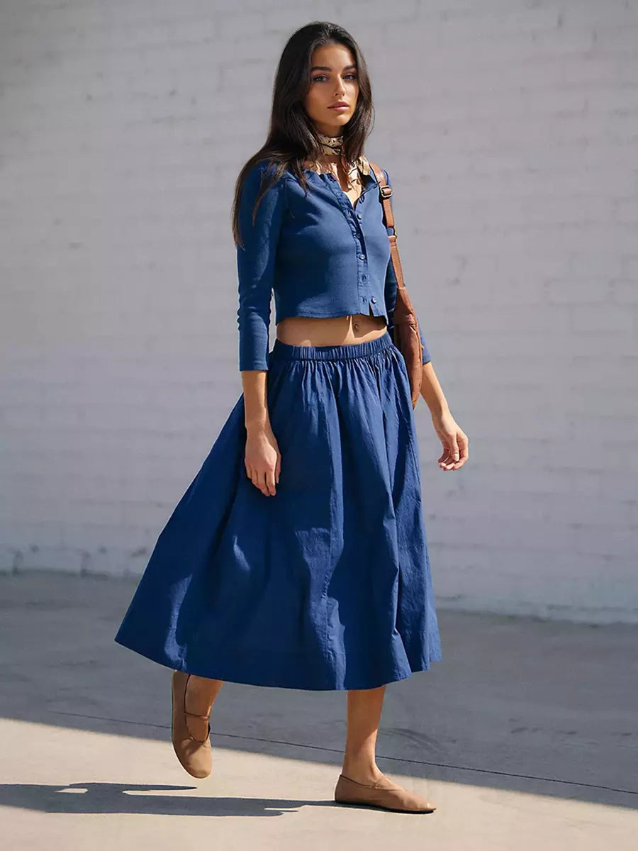 Casual Jewel Neck Long Sleeve Crop Top And Long Skirt Two Piece Set