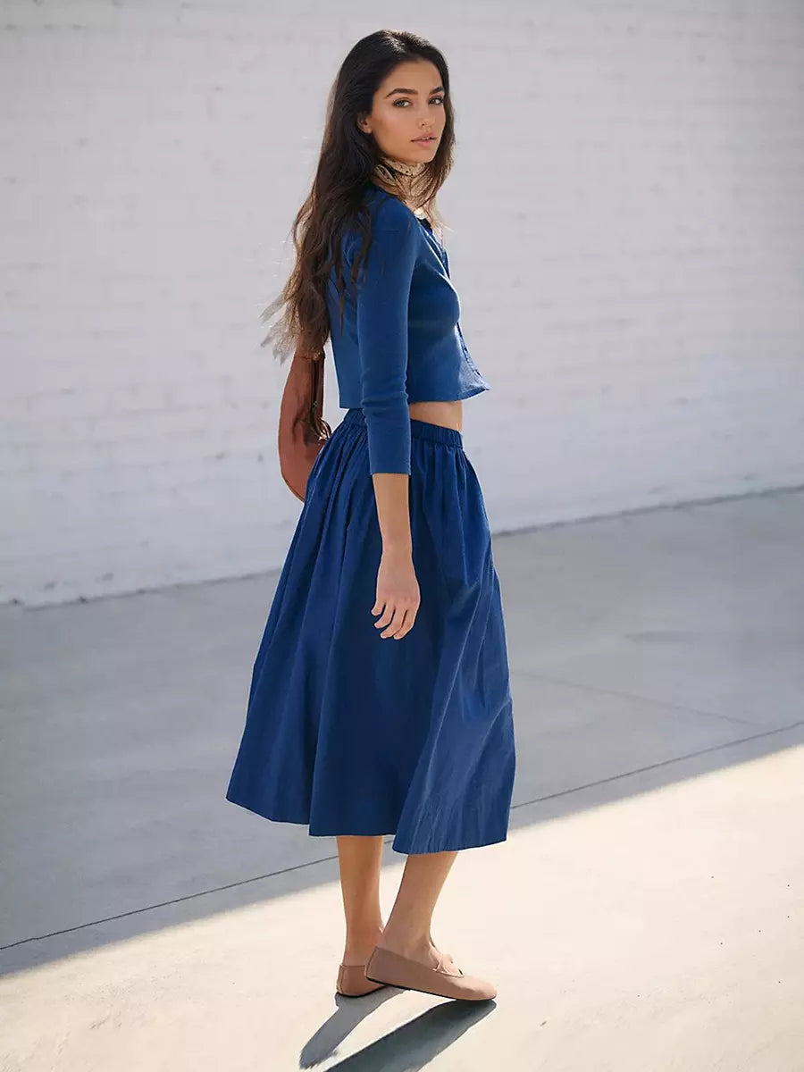 Casual Jewel Neck Long Sleeve Crop Top And Long Skirt Two Piece Set