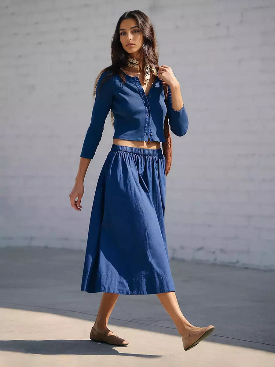 Casual Jewel Neck Long Sleeve Crop Top And Long Skirt Two Piece Set