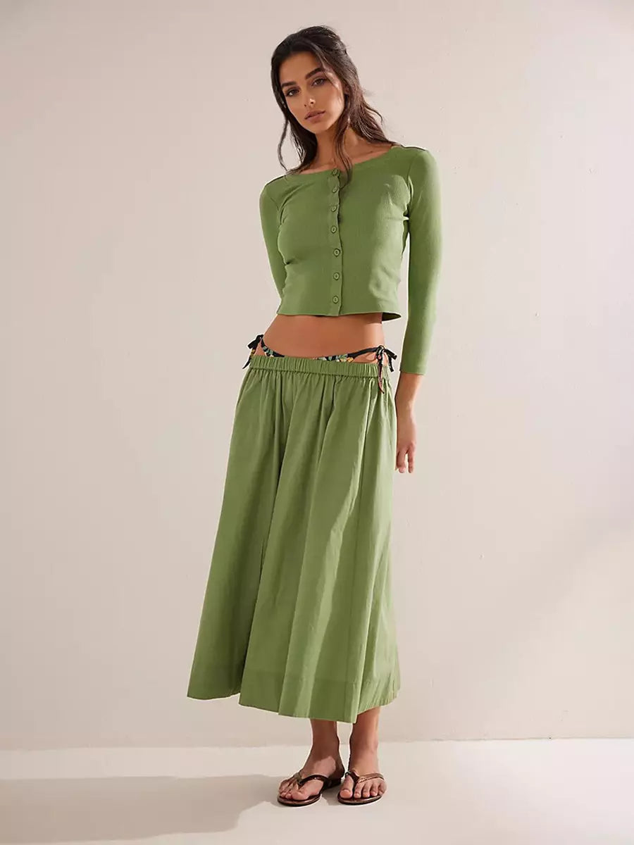 Casual Jewel Neck Long Sleeve Crop Top And Long Skirt Two Piece Set