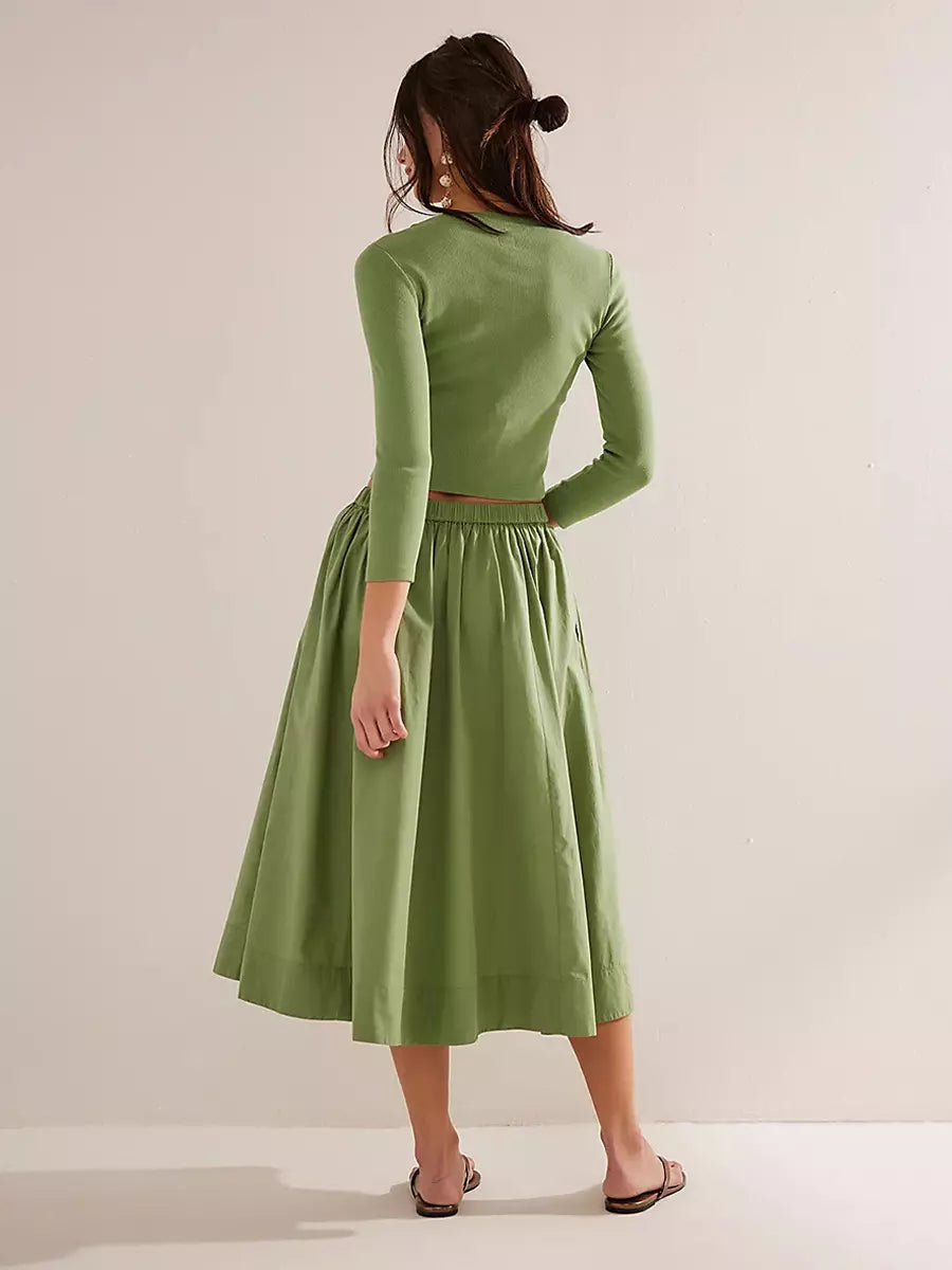 Casual Jewel Neck Long Sleeve Crop Top And Long Skirt Two Piece Set