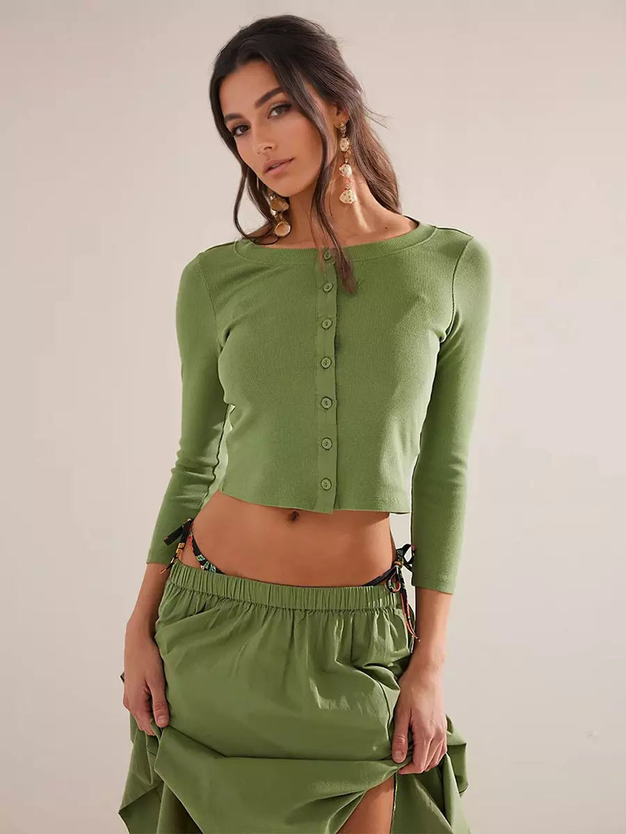 Casual Jewel Neck Long Sleeve Crop Top And Long Skirt Two Piece Set