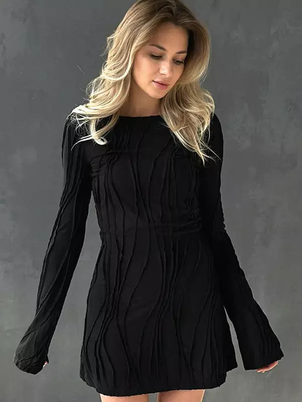 Casual Jewel Neck Long Sleeve Wave Pattern Bodycon Mini Dress