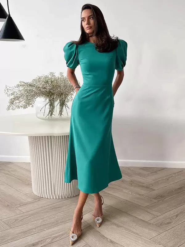 Casual Jewel Neck Short Puff Sleeve Polyester Beach Midi Dress
