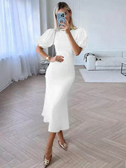 Casual Jewel Neck Short Puff Sleeve Polyester Beach Midi Dress