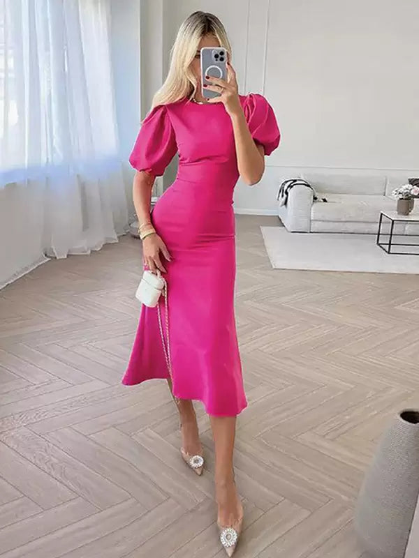 Casual Jewel Neck Short Puff Sleeve Polyester Beach Midi Dress