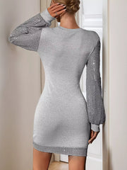 Casual Jewel Neck Sequin Long Sleeves Layered Bodycon Mini Dress