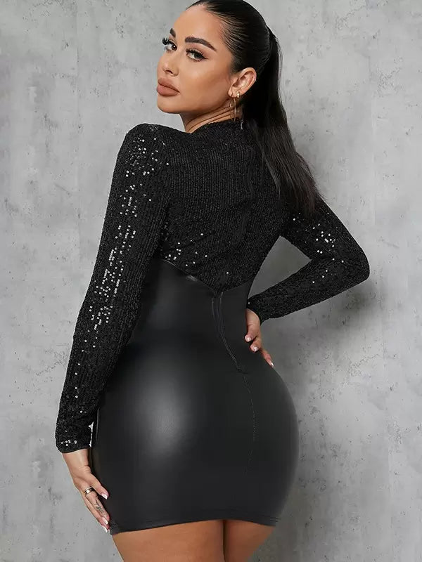 Casual Jewel Neck Sequins Long Sleeves Pencil Bodycon Dress