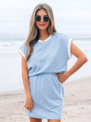 Casual Jewel Neck Short Sleeves Top And Mini Skirt Two Piece Set