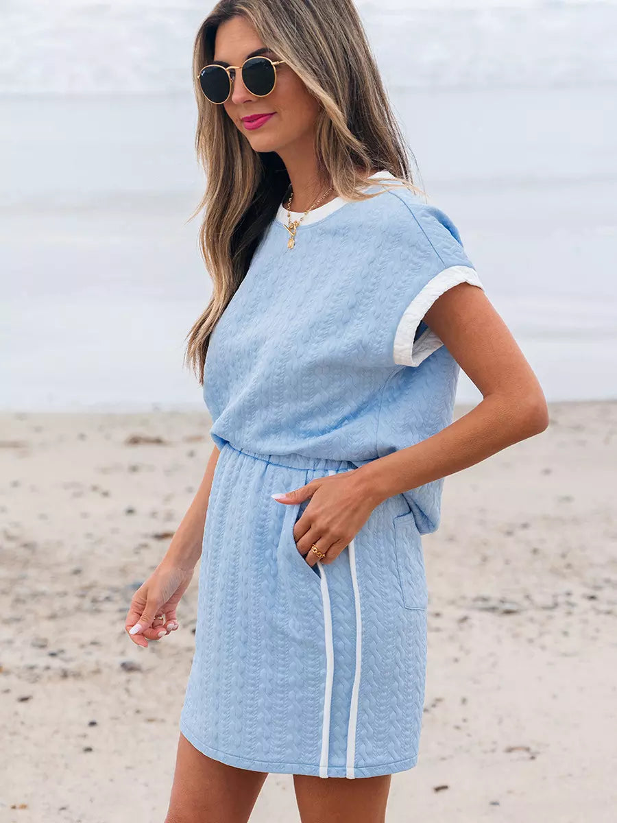 Casual Jewel Neck Short Sleeves Top And Mini Skirt Two Piece Set