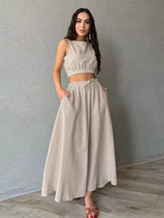 Casual Jewel Neck Sleeveless Crop Top And A-line Long Skirt Two Piece Set