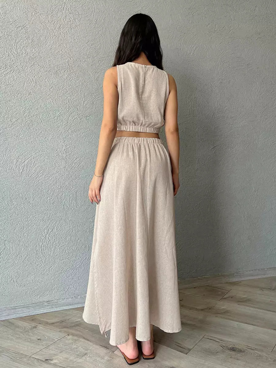 Casual Jewel Neck Sleeveless Crop Top And A-line Long Skirt Two Piece Set