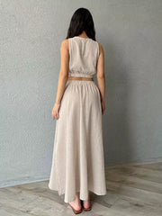 Casual Jewel Neck Sleeveless Crop Top And A-line Long Skirt Two Piece Set
