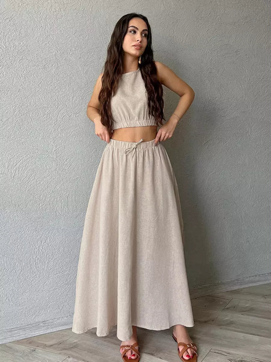 Casual Jewel Neck Sleeveless Crop Top And A-line Long Skirt Two Piece Set
