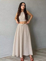 Casual Jewel Neck Sleeveless Crop Top And A-line Long Skirt Two Piece Set