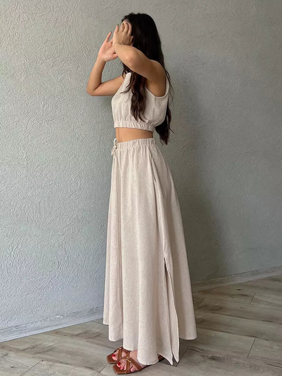 Casual Jewel Neck Sleeveless Crop Top And A-line Long Skirt Two Piece Set