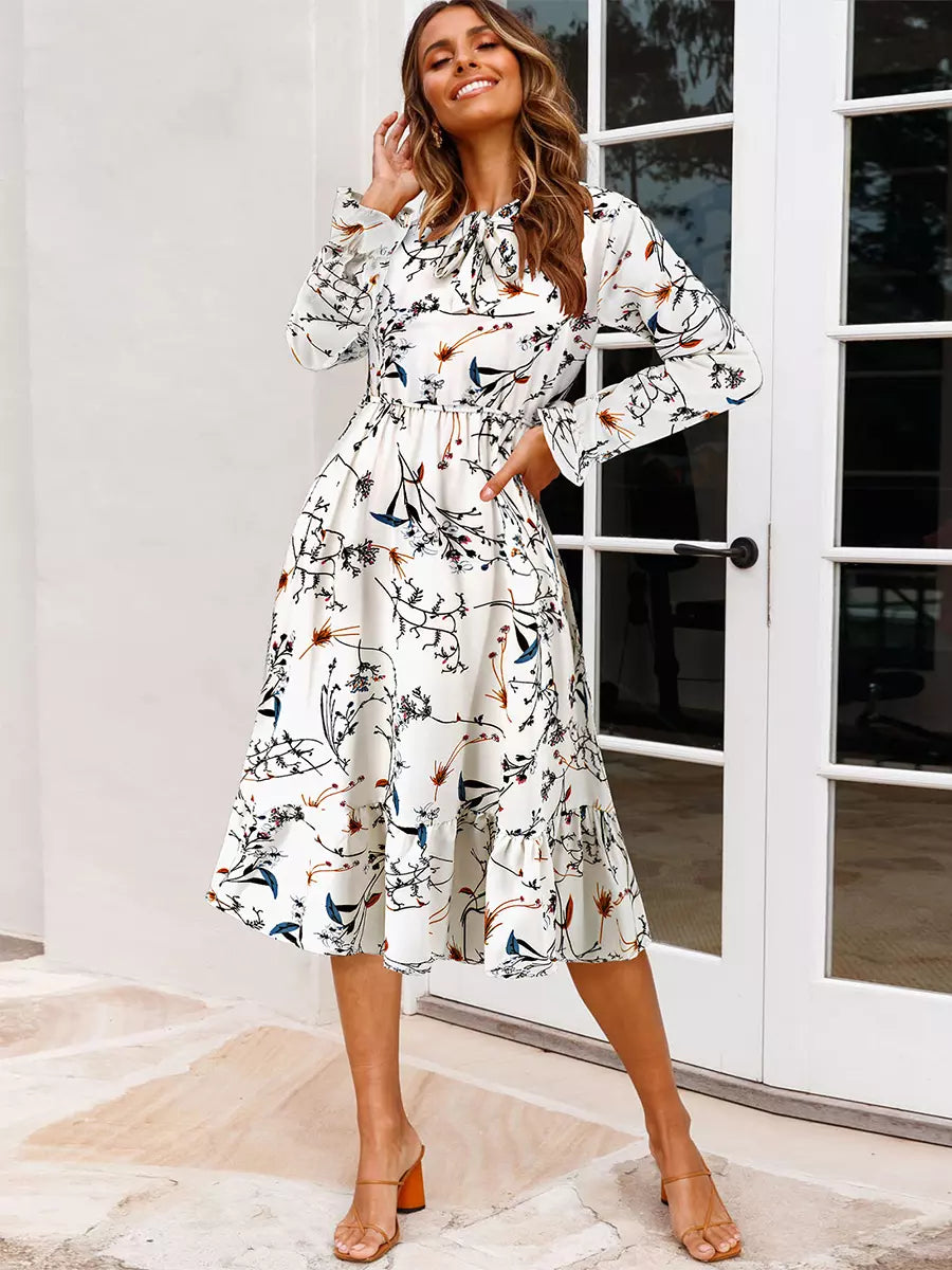 Elegant Floral Print Jewel Neck With Long Sleeve Bows Midi Dress
