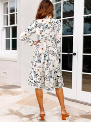Elegant Floral Print Jewel Neck With Long Sleeve Bows Midi Dress