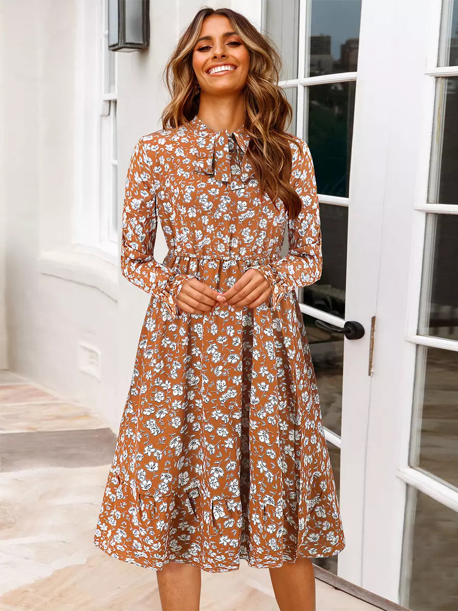 Casual Jewel Neck With Long Sleeve Bows Floral Print Midi Dress